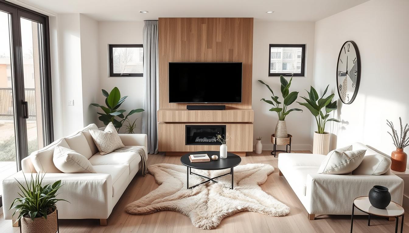 "cozy small living room with neutral tones, featuring a soft whitish sofa, a plush rabbit rug, a modern flat screen TV, minimalistic decor, large windows with natural light, indoor plants, and stylish accents"