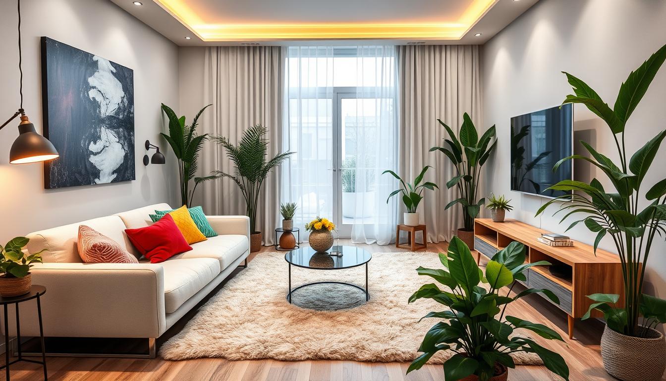 A modern living room with a white sofa, colorful cushions, a soft rug, wall-mounted flat-screen TV, and indoor plants.