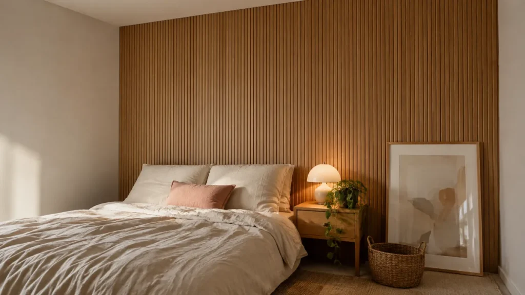 Rental bedroom with a peel-and-stick wood-look accent wall behind the bed, warm neutral bedding and a leaning framed print.