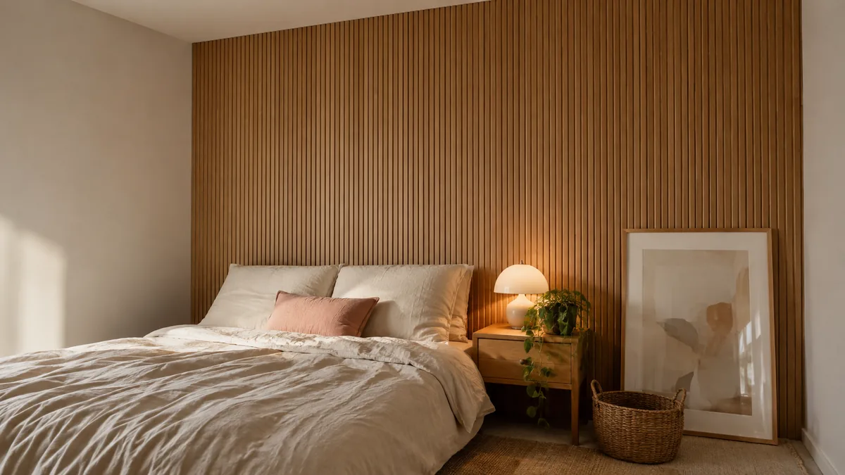Rental bedroom with a peel-and-stick wood-look accent wall behind the bed, warm neutral bedding and a leaning framed print.