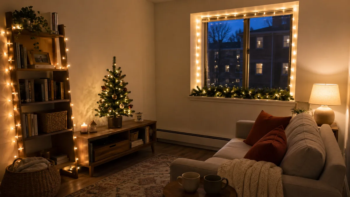 Small rental living room decorated for Christmas with warm string lights along a shelf, a small tabletop tree, and knit throws on the sofa.