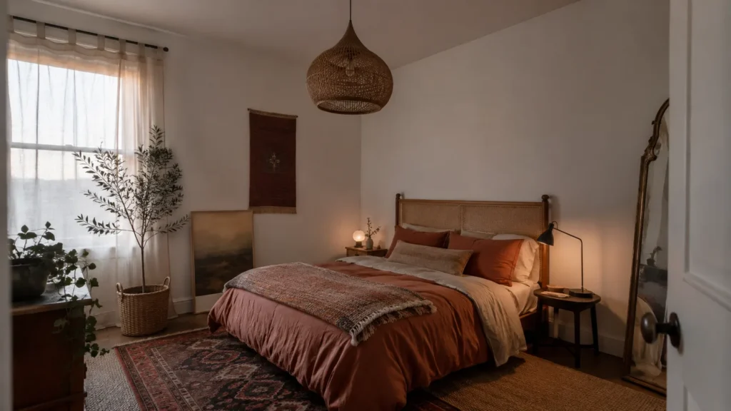 Modern boho bedroom with a cane headboard, layered terracotta and cream linen bedding, a jute rug and trailing plants against a warm white wall.