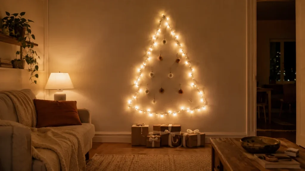 Small rental living room at night with warm string lights hung in a loose tree shape on a bare wall, small ornaments and wrapped presents beneath.