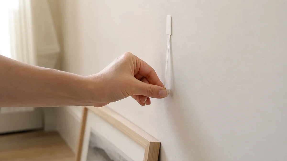 Close-up of a hand slowly pulling an adhesive strip tab straight down against a pale painted wall, with a framed print resting on the floor below.