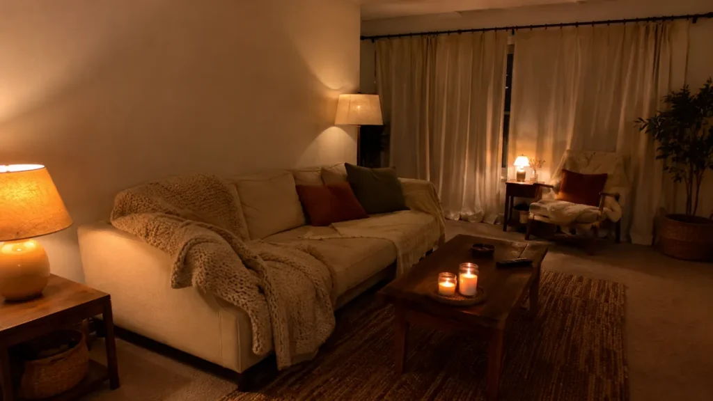 Cozy small rental living room lit by a warm floor lamp, table lamp and candles, with a layered rug, knit throws and heavy curtains, overhead light switched off.