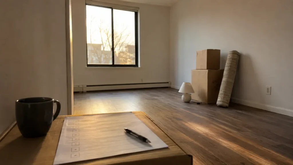Printable first apartment checklist on a table beside a mug and pen, in a sunlit empty apartment with moving boxes.