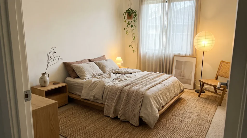 Japandi bedroom with a low wood bed, oat and clay linen bedding, a paper lantern and a single potted plant against a warm white wall.