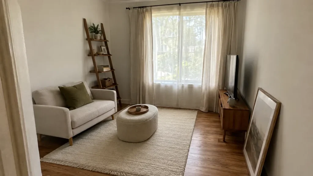 Small rental living room with a low-armed loveseat pulled off the wall, a leaning ladder shelf, a slim TV console and curtains hung high.