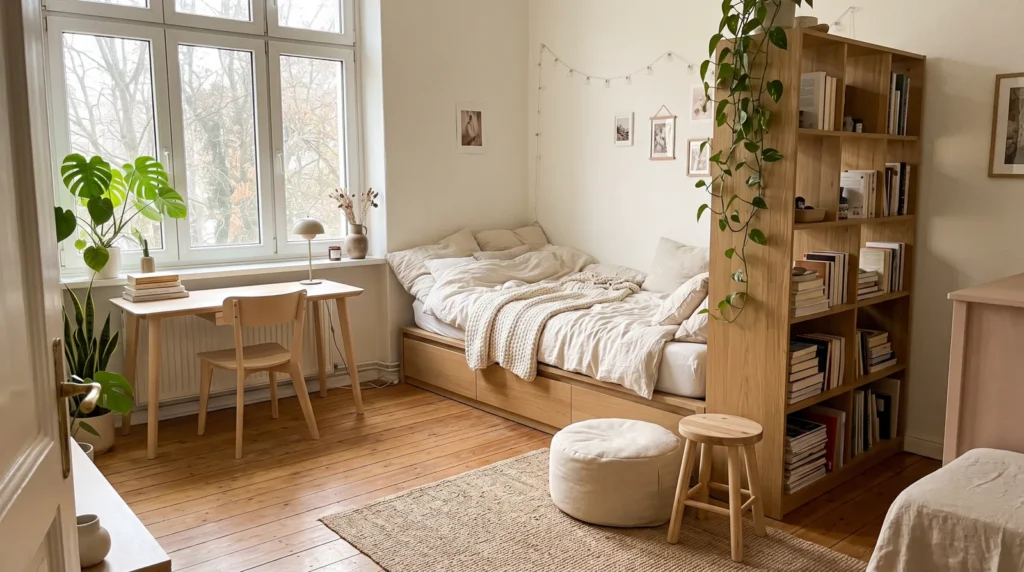 Small studio apartment zoned with a storage daybed, bookshelf divider and wall-side desk, with open floor space in the center.