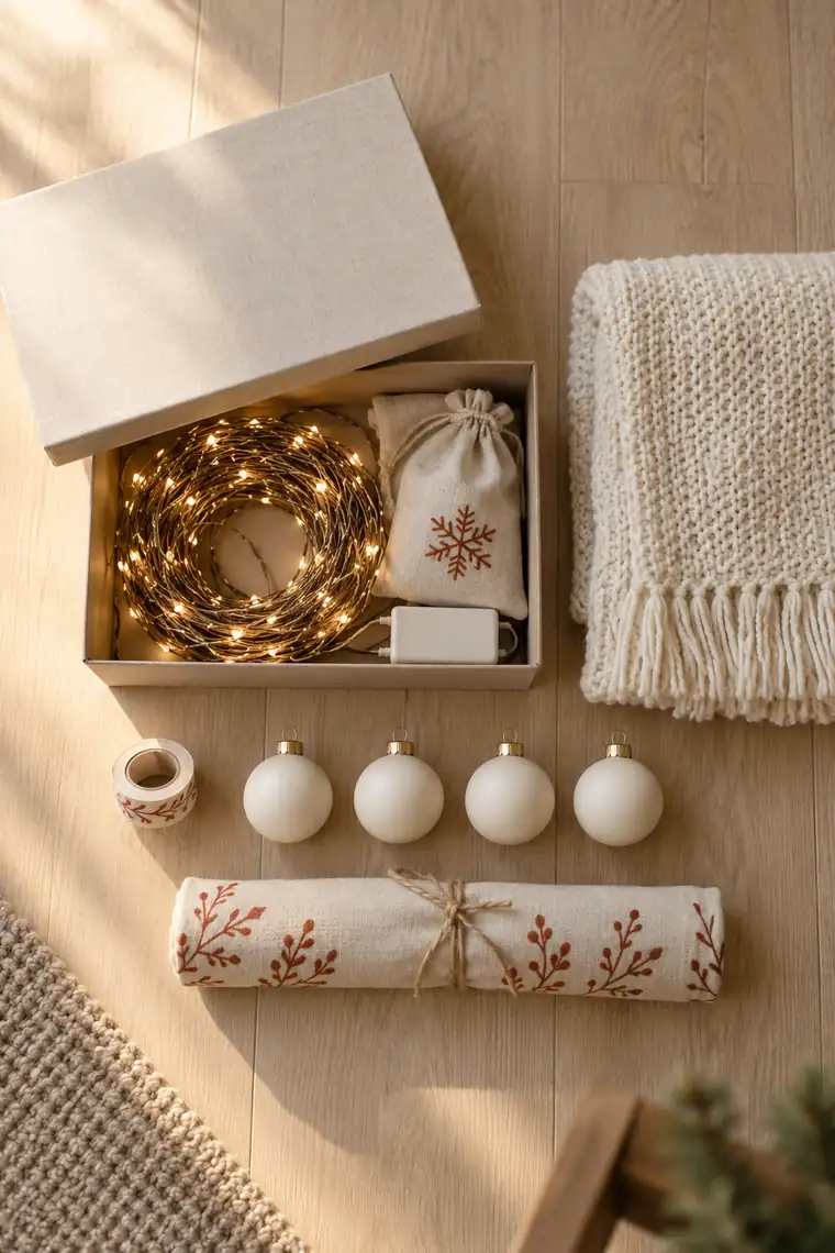 Christmas decorations packed flat in a single shoebox-sized storage container - lights, washi tape, ornaments and a rolled fabric tree.