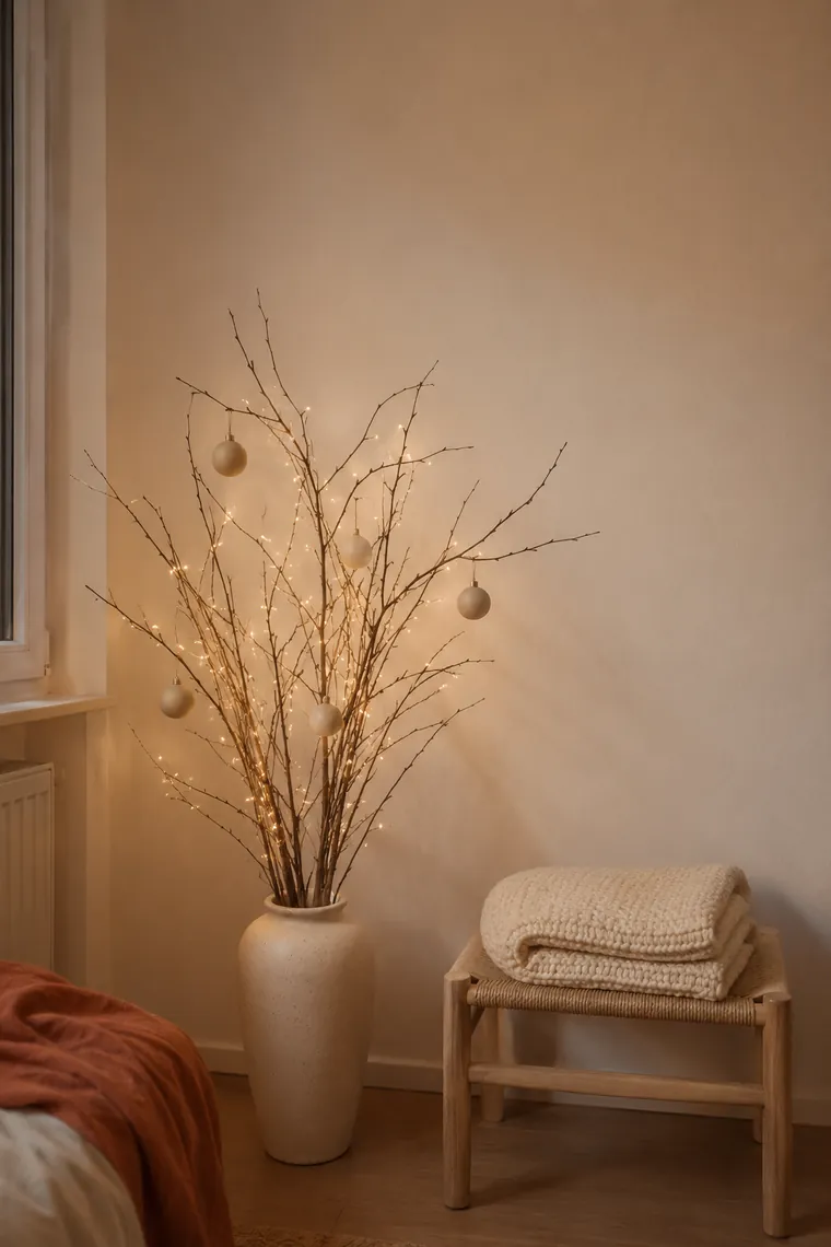 Bare branches strung with warm white fairy lights in a cream floor vase, a renter-friendly Christmas tree alternative for a small apartment.