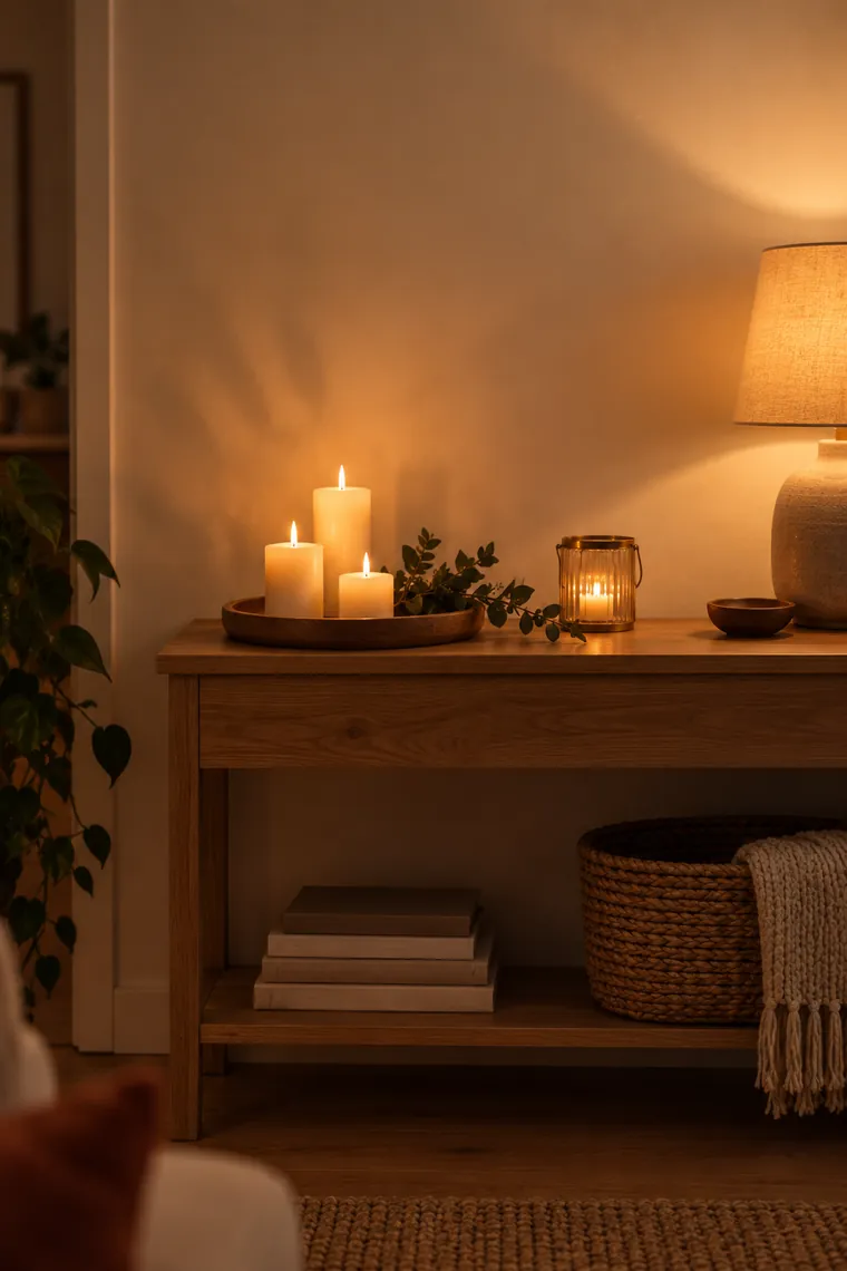 A narrow shelf decorated with a lit garland in a small apartment, taking no floor space.