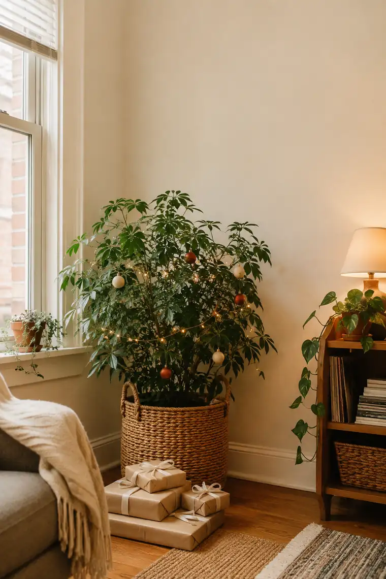 A large houseplant in a woven basket decorated with lights and ornaments, with wrapped presents at its base.