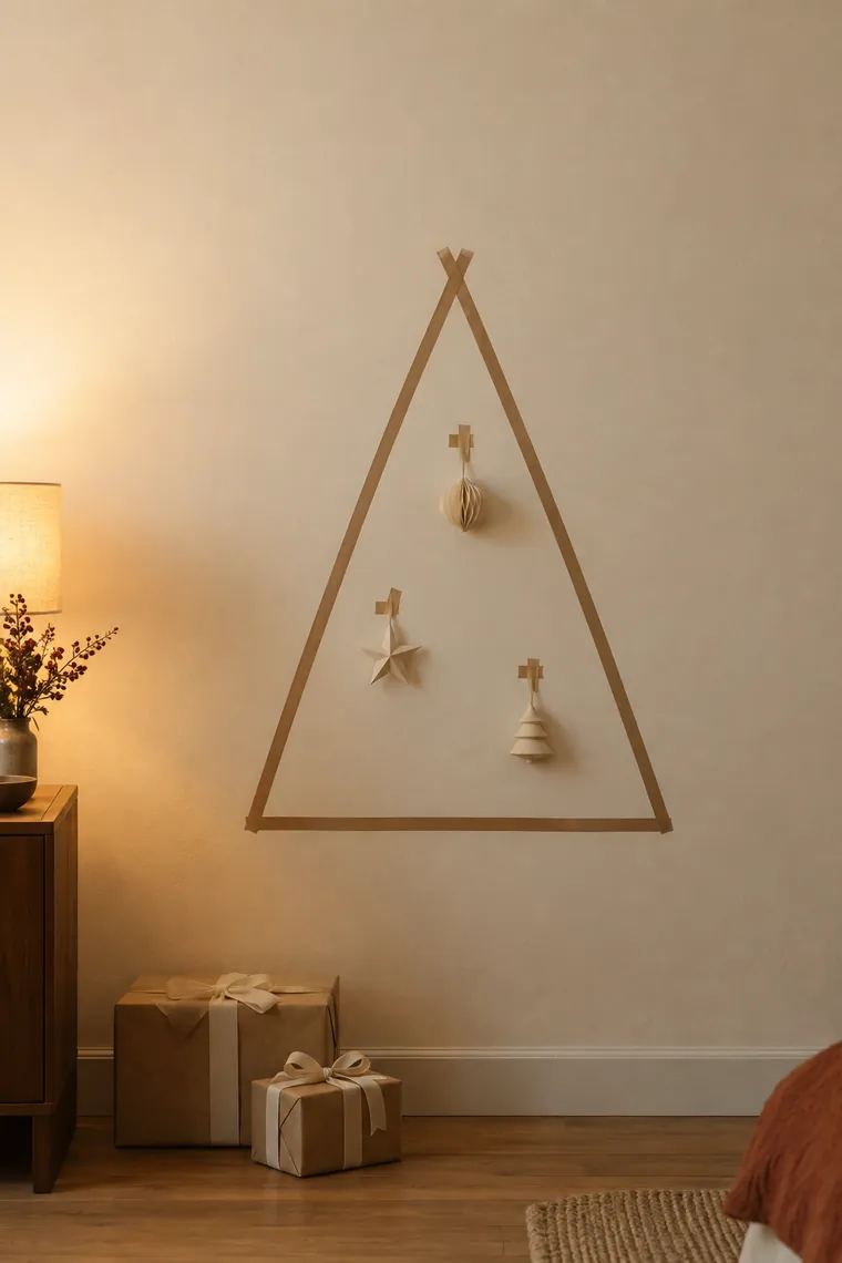 A leaning wooden ladder with garland woven through the rungs, a Christmas tree alternative that needs no wall fixings.