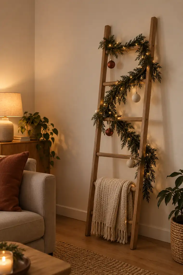 A Christmas tree outline made from kraft washi tape on a rental wall, with presents underneath.