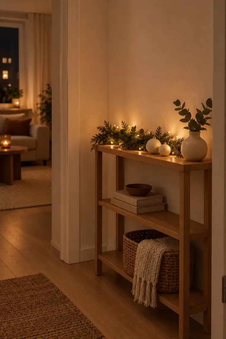 A cluster of lit cream pillar candles at different heights on a console table, lit only by lamp and candlelight.