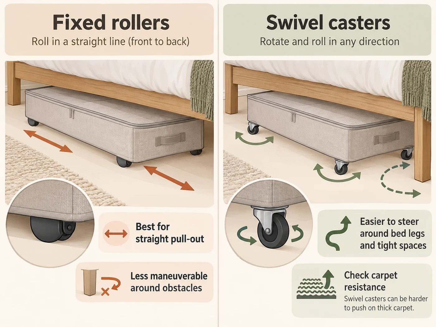 Illustration comparing straight-line fixed rollers to swivel casters that steer around bed legs, with a warning about thick carpet resistance