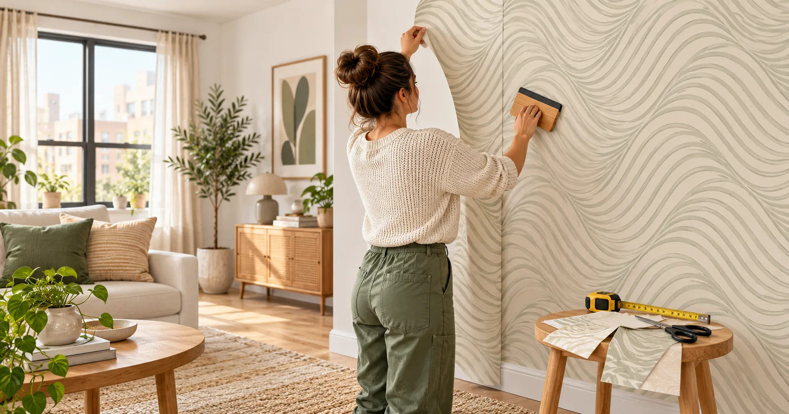 Illustrative apartment scene showing removable wallpaper application on a neutral patterned living-room accent wall
