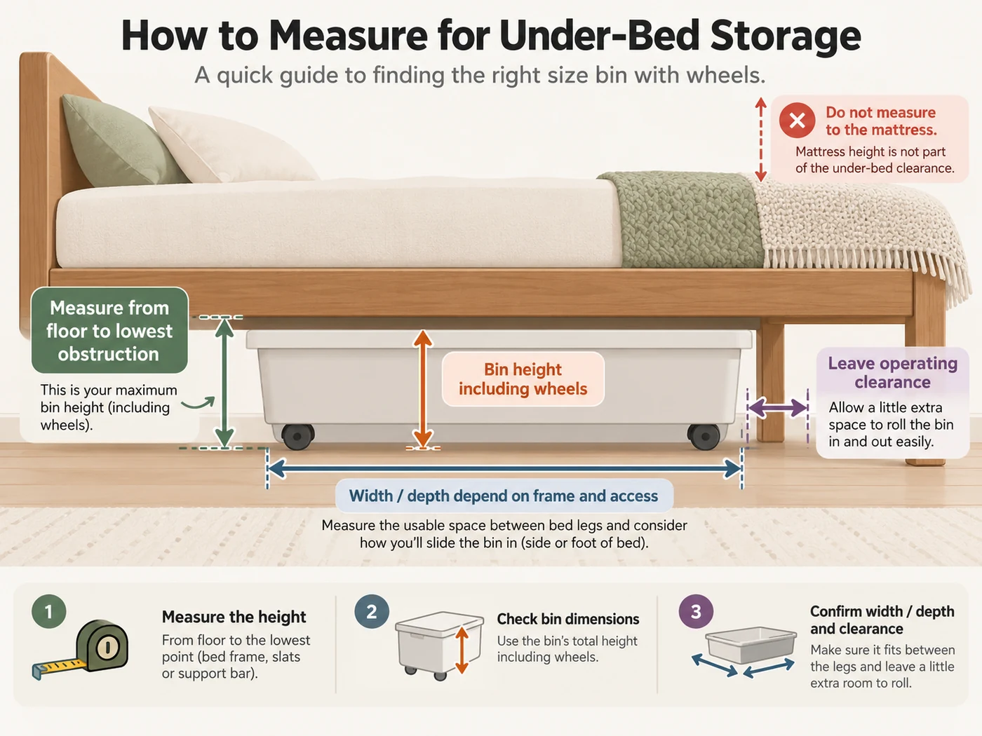Under-bed storage measuring guide showing floor-to-lowest-bed-frame clearance, container height including wheels, and room needed to roll a bin in and out