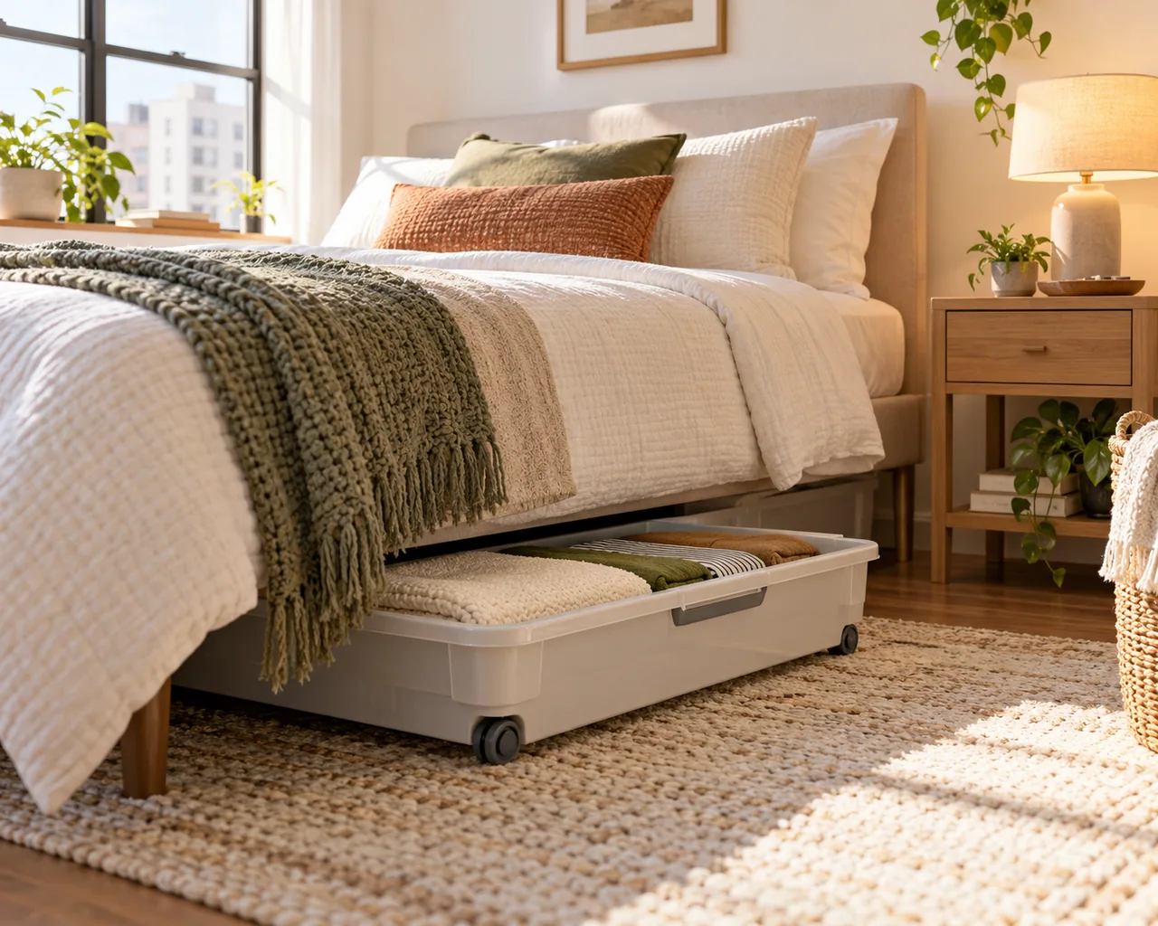 Illustrative bright small-apartment bedroom with a low wheeled storage container partly pulled out from under a bed