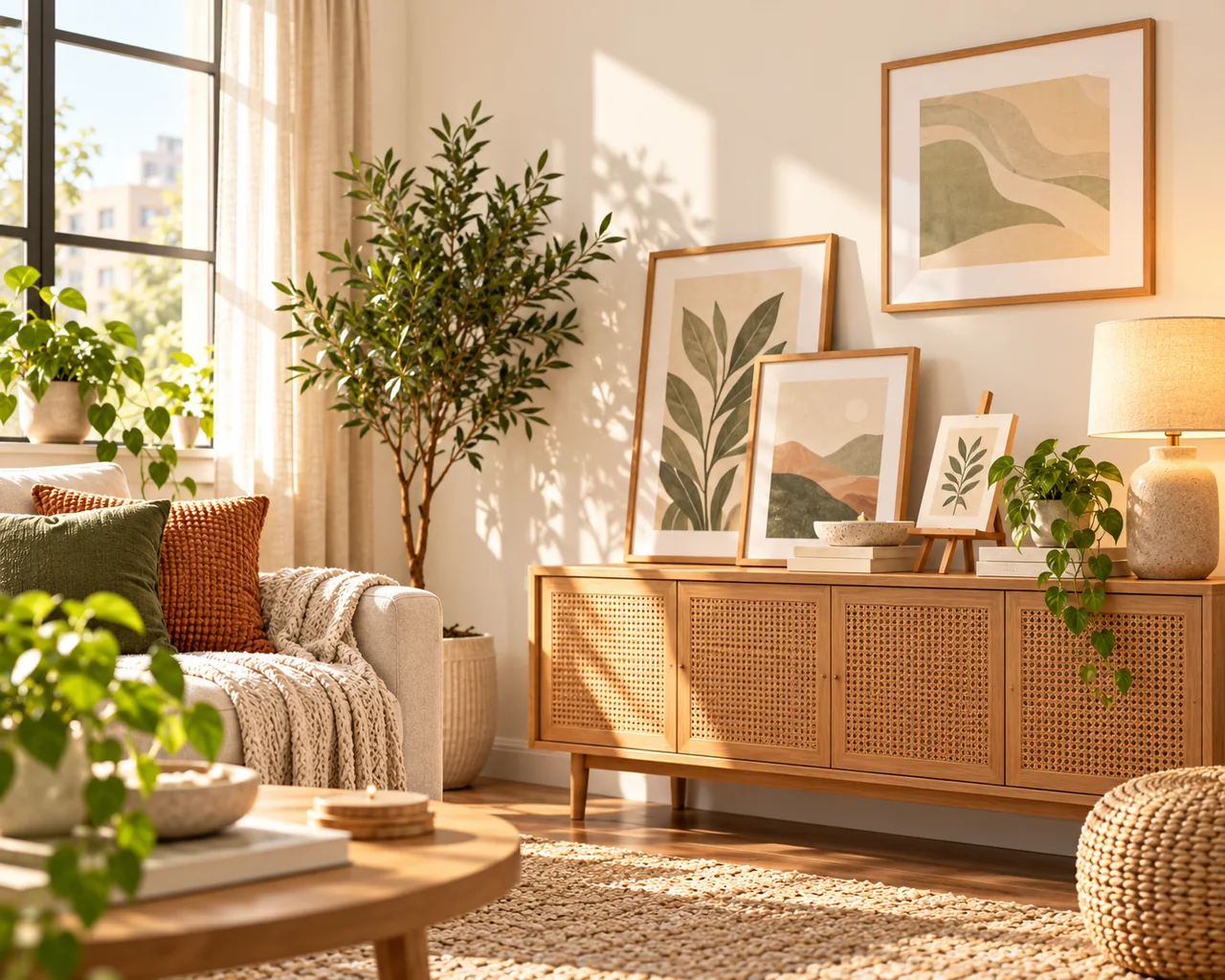 Sunlit renter-friendly living room with botanical framed prints displayed on a sideboard and tabletop easel, with neutral furnishings and plants