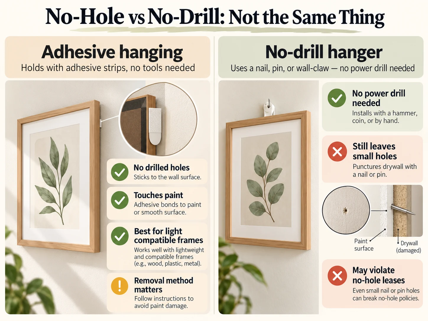 Infographic comparing adhesive picture hanging that makes no holes but touches paint against no-drill nail and pin hangers that leave holes in drywall