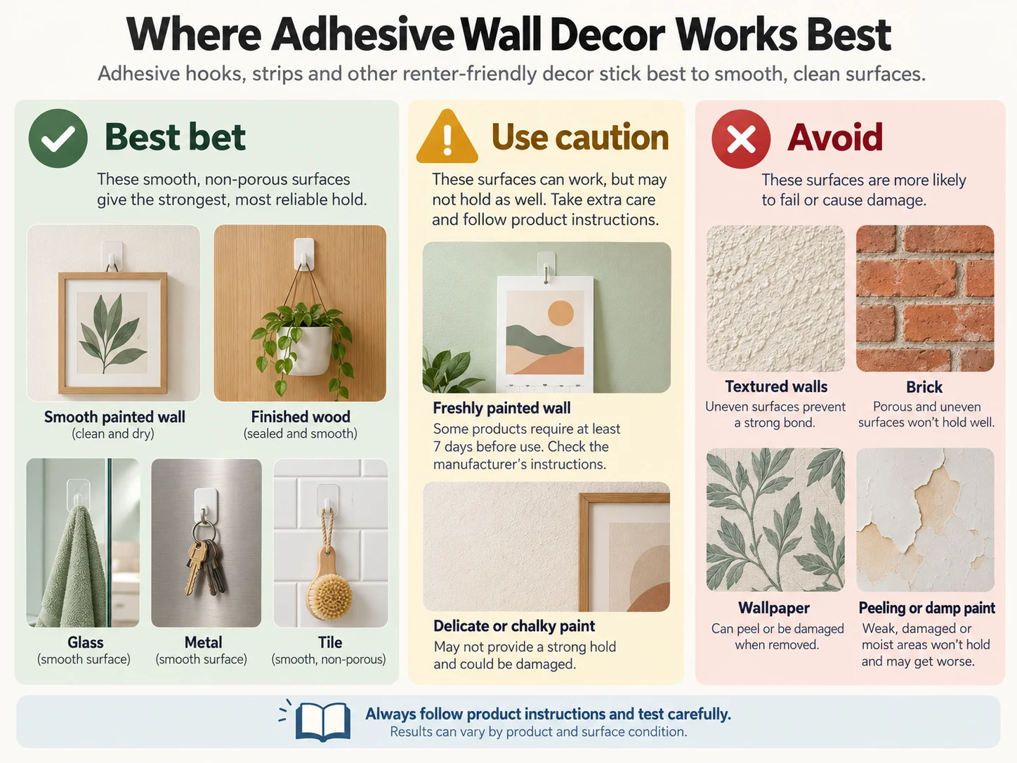 Illustrated wall-surface guide comparing smooth paint, sealed wood, glass, tile and metal with freshly painted, chalky, textured, brick and wallpaper surfaces for adhesive decor