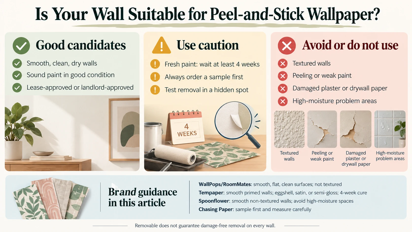 Wall suitability diagram: smooth dry sound paint preferred, newly painted walls require curing, avoid textured surfaces and peeling paint